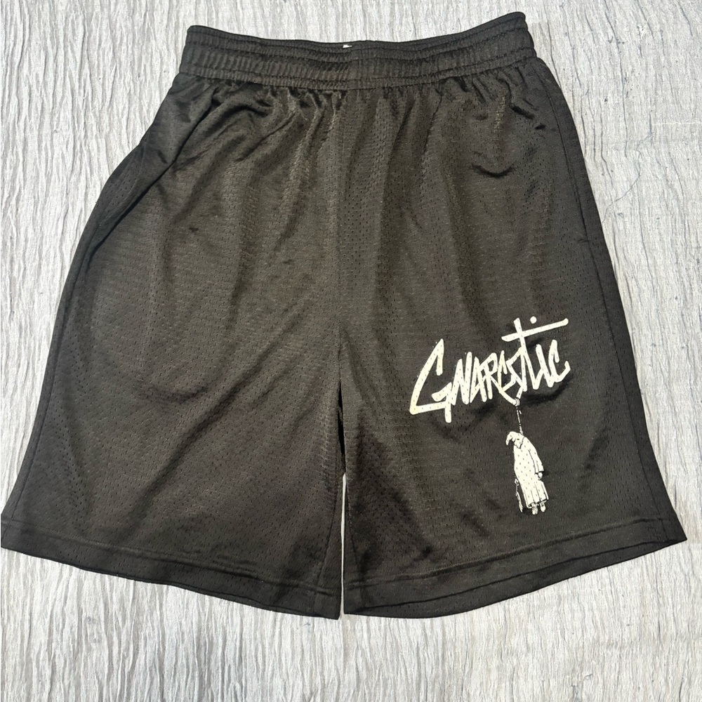 Black Men’s Athletic Mesh Shorts with White Graphic